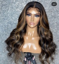 Glueless 3.5×4 Closure wig,highlight color wavy ,hair can  bleach , dye , straight and curl, no glue needed