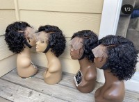 short curly lace front wig with elastic band, natural color human hair,can color, straighten or curl