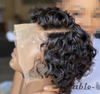 short curly lace front wig with elastic band, natural color human hair,can color, straighten or curl