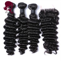 Barzilian virgin hair deep wave 3 bundles with closure natural black color free shipping