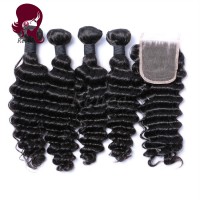Barzilian virgin hair deep wave 4 bundles with closure natural black color free shipping