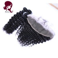 Peruvian virgin hair 2 bundles with lace frontal closure deep wave natural black color free shipping