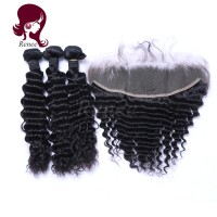 Peruvian virgin hair 3 bundles with lace frontal closure deep wave natural black color free shipping