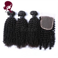 Barzilian virgin hair kinky curly 3 bundles with closure natural black color free shipping